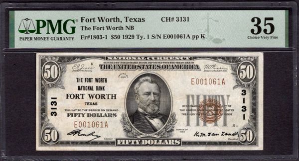 1929 $50 Fort Worth NB Texas PMG 35 Fr.1803-1 CH#3131 Item #1998518-002