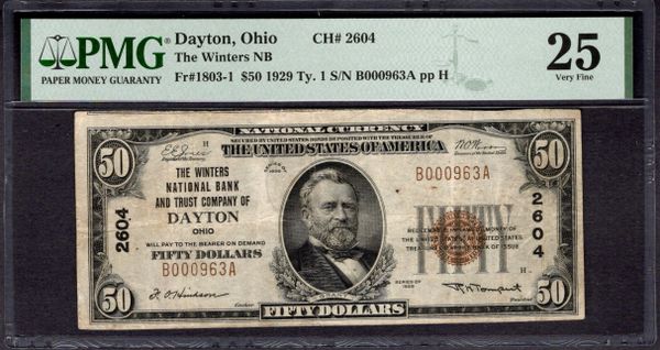 1929 $50 Winters NB Dayton Ohio PMG 25 Fr.1803-1 CH#2604 Item #1998067-058