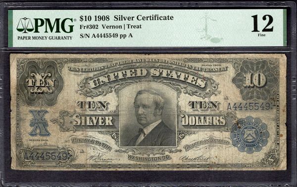 1908 $10 Silver Certificate Tombstone Note PMG 12 Fr.302 Item #1998302-008