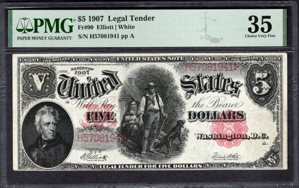 1907 $5 Legal Tender Woodchopper Note PMG 35 Fr.90 Item #1998408-007