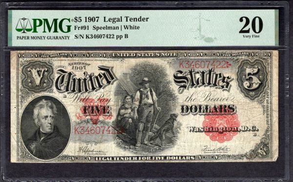 1907 $5 Legal Tender Woodchopper Note PMG 20 Fr.91 Item #1998329-003