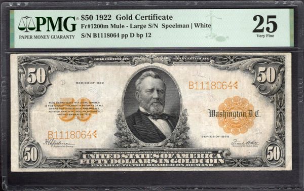 1922 $50 Gold Certificate PMG 25 Fr.1200m Item #2189073-003