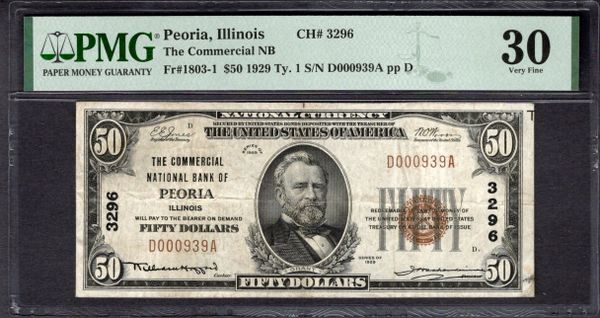 1929 $50 Commercial NB Peoria Illinois PMG 30 Fr.1803-1 CH#3296 Item #1998067-040