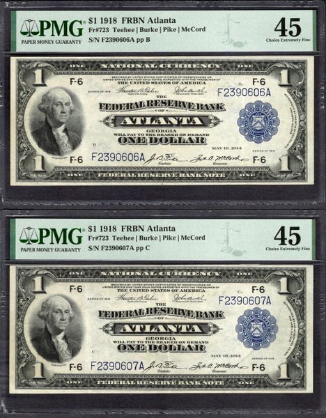 Lot of Two Consecutive 1918 $1 Atlanta FRBN PMG 45 Fr.723 Item #1998279-038/039