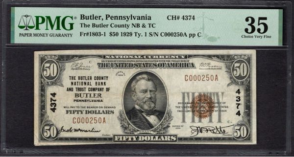 1929 $5 0 Butler County NB & TC Pennsylvania PMG 35 Fr.1803-1 CH#4374 Item #2202554-005