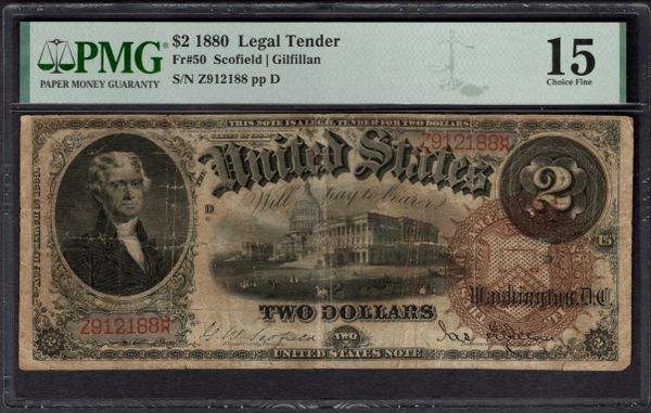 1880 $2 Legal Tender PMG 15 Fr.50 Item #1998409-009