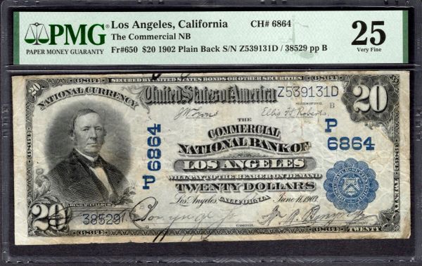 1902 $20 Commercial NB Los Angeles California PMG 25 Fr.650 CH#6864 Item #1998548-007