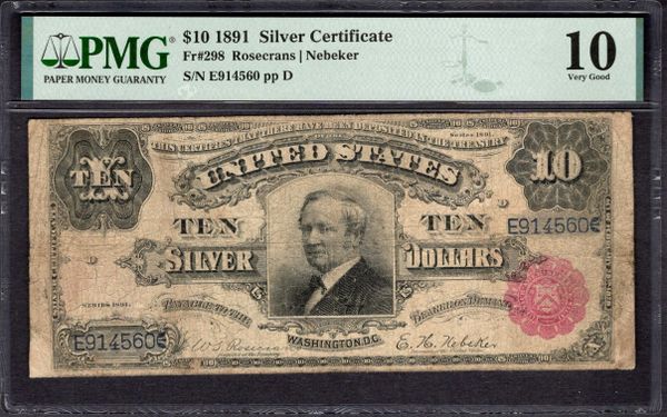 1891 $10 Silver Certificate Tombstone Note PMG 10 Fr.298 Item #1998291-012