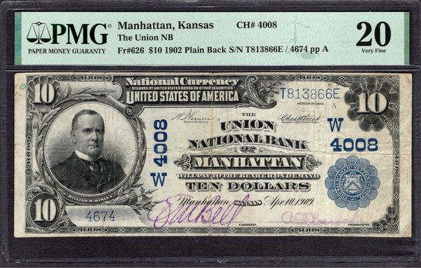 1902 $10 The Union NB Manhattan Kansas PMG 20 Fr.626 CH#4008 Item #1997347-033