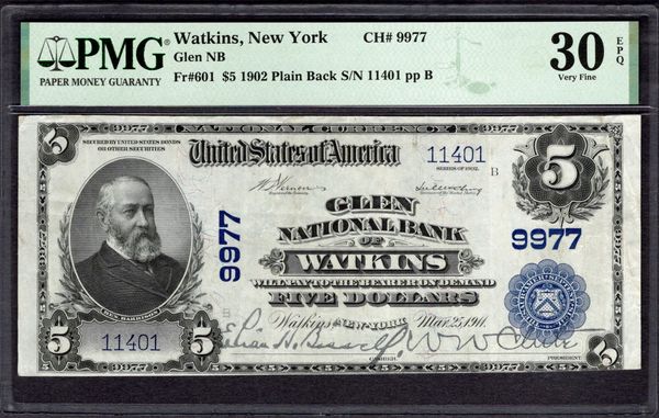 1902 $5 Glen NB Watkins New York PMG 30 EPQ Fr.601 CH#9977 Item #1995497-005