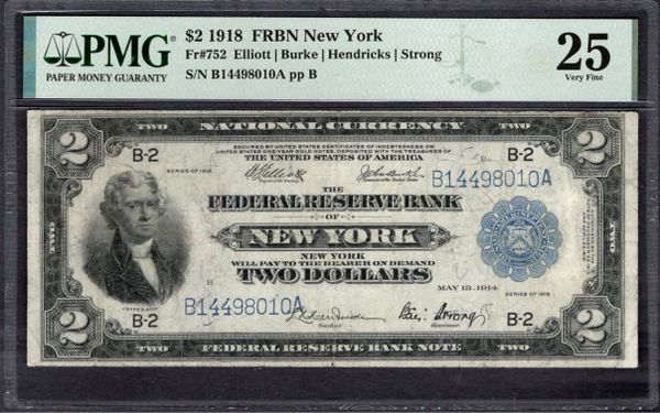1918 $2 New York FRBN Battleship Note PMG 25 Fr.752 Item #2294347-005