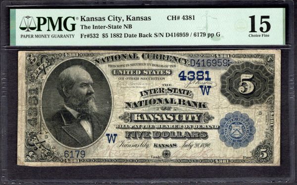 1882 $5 The Inter-State NB Kansas City Kansas PMG 15 Fr.532 CH#4381 Item #1997344-008