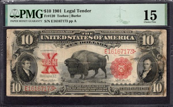 1901 $10 Legal Tender Bison Note PMG 15 Fr.120 Item #1998632-003