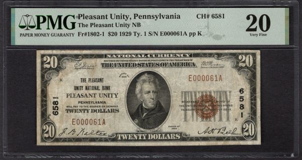 1929 $20 Pleasant Unity NB Pennsylvania PMG 20 Fr.1802-1 CH#6581 Item #1996145-015