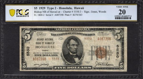 1929 $5 Bishop NB of Hawaii at Honolulu PCGS 20 Fr.1800-2 CH#5550 Item #46815713