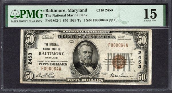 1929 $50 National Marine Bank Baltimore Maryland PMG 15 Fr.1803-1 CH#2453 Item #1998067-051