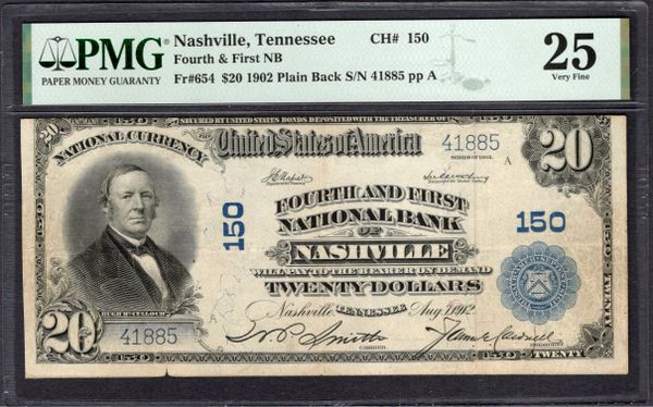 1902 $20 Fourth & First NB Nashville Tennessee PMG 25 Fr.654 CH#150 Item #1994638-008