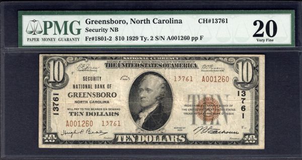 1929 $10 Security NB Greensboro North Carolina PMG 20 Fr.1801-2 CH#13761 Item #5000881-013