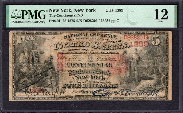 1875 $5 Continental NB New York PMG 12 Fr.401 CH#1389 Item #1998625-042