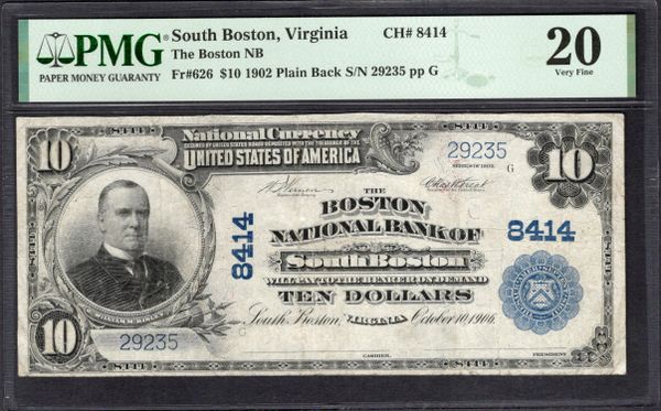 1902 $10 Boston NB South Boston Virginia PMG 20 Fr.626 CH#8414 Item #1995457-035