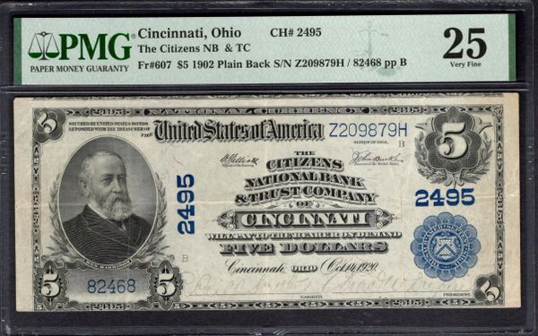 1902 $5 Citizens NB & TC Cincinnati OH PMG 25 Fr.607 CH#2495 Item #1998323-011