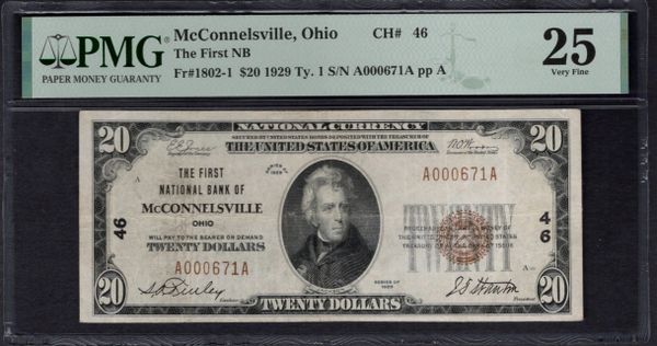 1929 $20 First NB McConnelsville Ohio PMG 25 Fr.1802-1 CH#46 Item #1998607-001