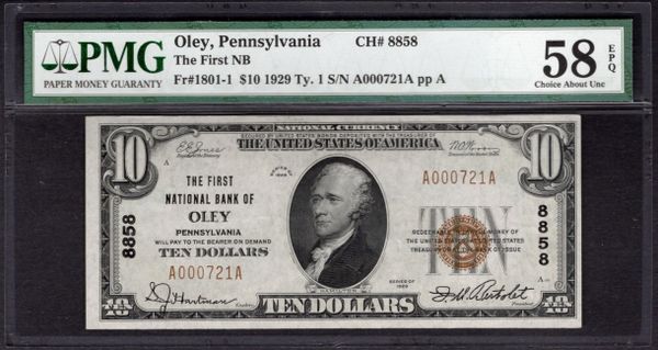 1929 $10 The First NB of Oley Pennsylvania PMG 58 EPQ Fr.1801-1 CH#8858 Item #8064034-005