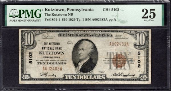 1929 $10 The Kutztown NB Pennsylvania PMG 25 Fr.1801-1 CH#5102 Item #8082737-009