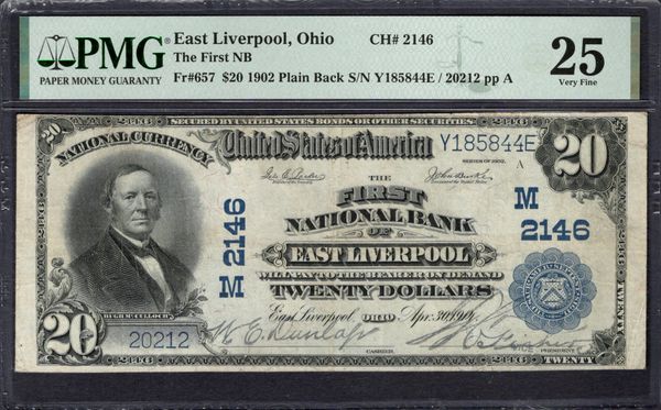 1902 $20 First NB East Liverpool Ohio PMG 25 Fr.657 CH#2146 Item #1998661-006