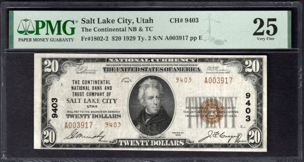 1929 $20 Continental NB & TC Salt Lake City Utah PMG 25 Fr.1802-2 CH#9403 Item #1998872-050