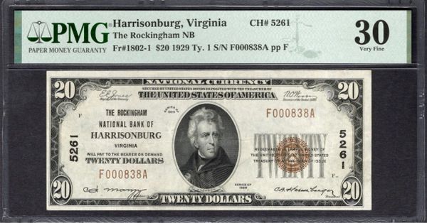 1929 $20 Rockingham NB Harrisonburg Virginia PMG 30 Fr.1802-1 CH#5261 Item #1998061-069