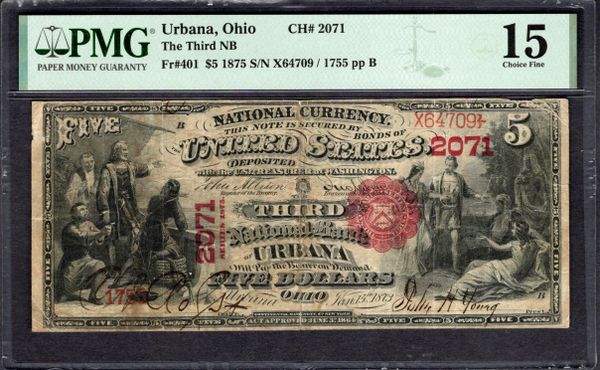 1875 $5 The Third NB Urbana Ohio PMG 15 Fr.401 CH#2071 Item #1996609-002