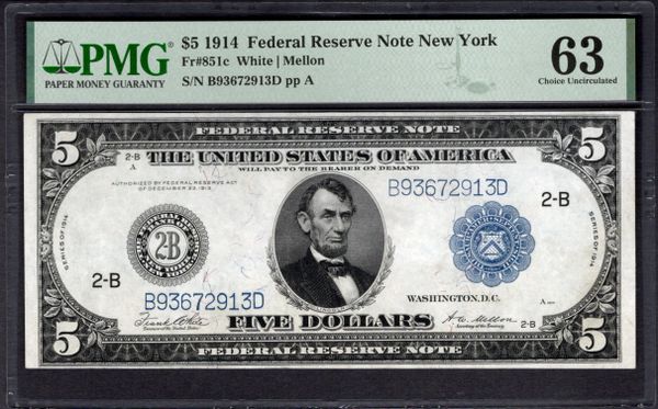 1914 $5 New York FRN PMG 63 Fr.851c Item #2382367-027