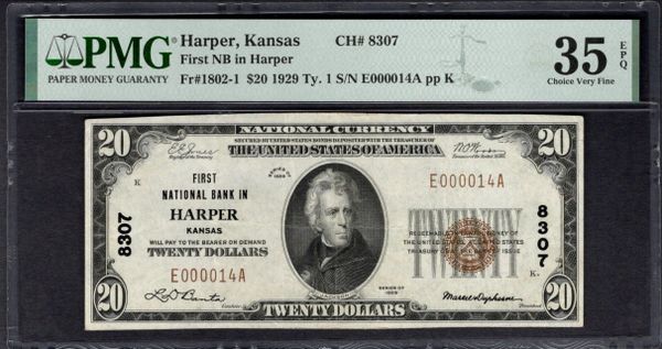 1929 $20 First NB in Harper Kansas PMG 35 EPQ Fr.1802-1 CH#8307 Item #1998915-029