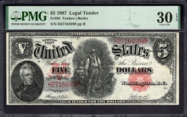 1907 $5 Legal Tender Woodchopper Note PMG 30 EPQ Fr.88 Item #1999128-021