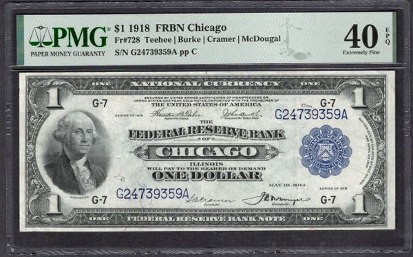 1918 $1 Chicago FRBN PMG 40 EPQ Fr.728 Item #2370594-005