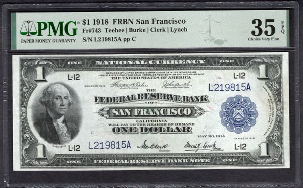 1918 $1 San Francisco FRBN PMG 35 EPQ Fr.743 Item #2370594-003