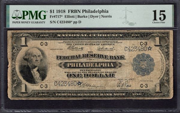 1918 $1 STAR Philadelphia FRBN PMG 15 Fr.717* Item #2370594-011