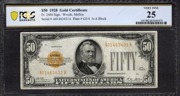 1928 $50 Gold Certificate PCGS 25 Fr.2404 Item #51391473