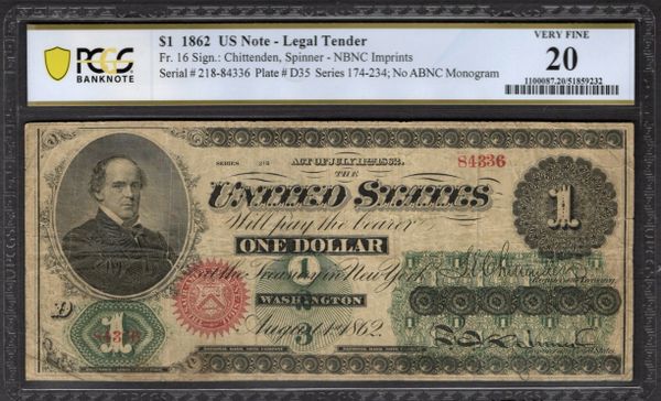 1862 $1 Legal Tender PCGS 20 Fr.16 Item #51859232