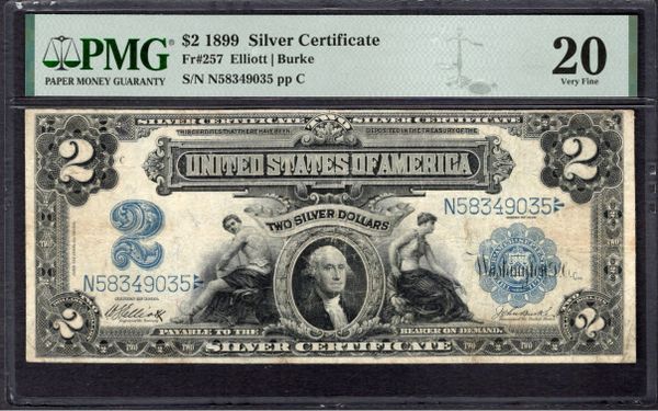 1899 $2 Silver Certificate Mini-Porthole Note PMG 20 Fr.257 Item #1999624-009