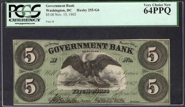 1862 $5 Government Bank Washington DC PCGS 64 PPQ Item #80652197
