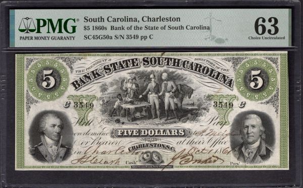 1860s $5 Charleston Bank of the State of South Carolina PMG 63 Item #1999560-001