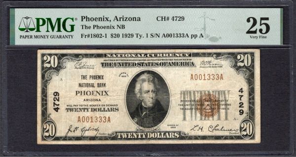 1929 $20 Phoenix NB Arizona PMG 25 Fr.1802-1 CH#4729 Item #1999544-001