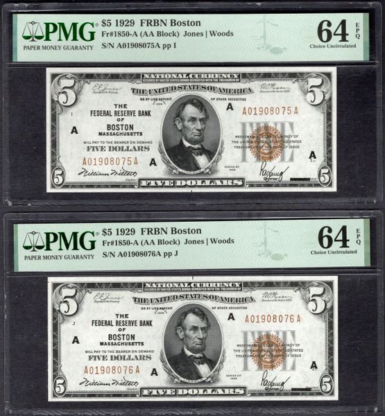 Lot of Two Consecutive 1929 $5 Boston FRBN PMG 64 EPQ Fr.1850-A Item #1996439-024/025