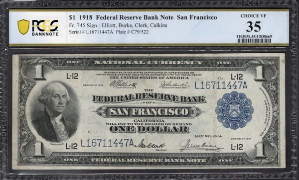 1918 $1 San Francisco FRBN PCGS 35 Fr.745 Item #41838669