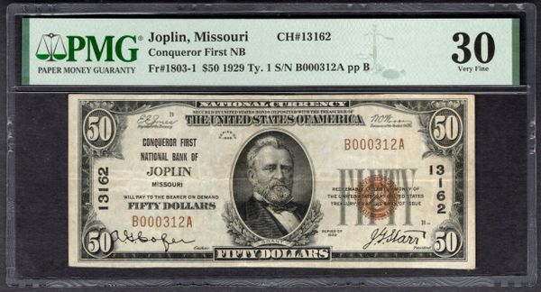 1929 $50 Conqueror First NB Joplin Missouri PMG 30 Fr.1803-1 CH#13162 Item #1998920-043
