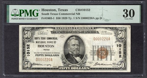 1929 $50 South Texas Commercial NB Houston PMG 30 Fr.1803-1 CH#10152 Item #1999542-007