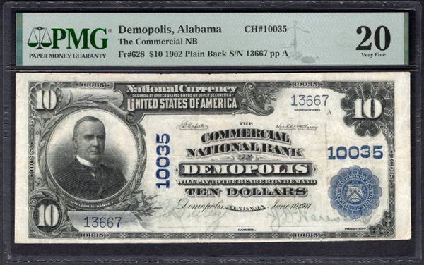 1902 $10 Commercial NB Demopolis Alabama PMG 20 Fr.628 CH#10035 Item #1999591-009