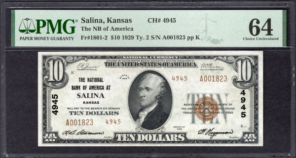 1929 $10 The NB of America Salina Kansas PMG 64 Fr.1801-2 CH#4945 Item #2196923-002